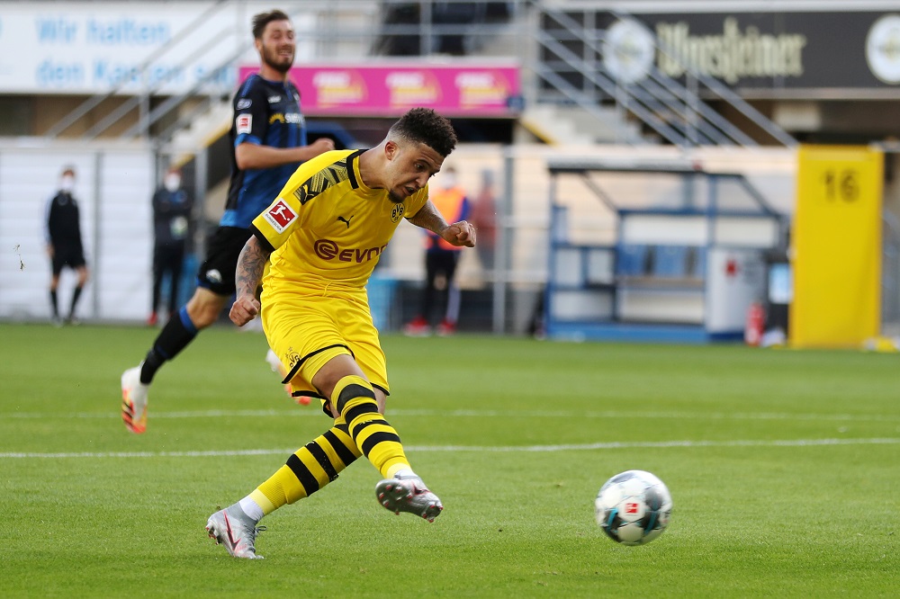 Borussia Dortmund's Jadon Sancho scores the sixth goal against SC Paderborn, as play resumes behind closed doors, June 1, 2020. u00e2u20acu2022 Reuters pic
