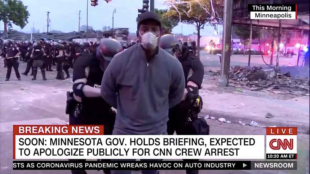 Police arrest CNN correspondent Omar Jimenez and his crew broadcasting live while covering protests in Minneapolis, Minnesota May 29, 2020. u00e2u20acu201d CNN/Reuters TV still image