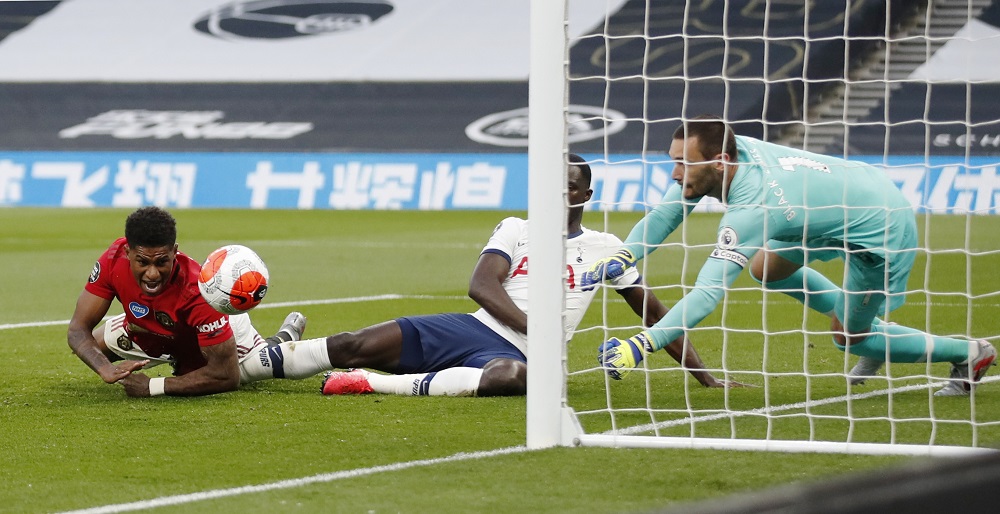 Manchester United's Marcus Rashford heads at goal, as play resumes behind closed doors following the outbreak of the coronavirus disease, June 20, 2020. u00e2u20acu2022 Reuters pic