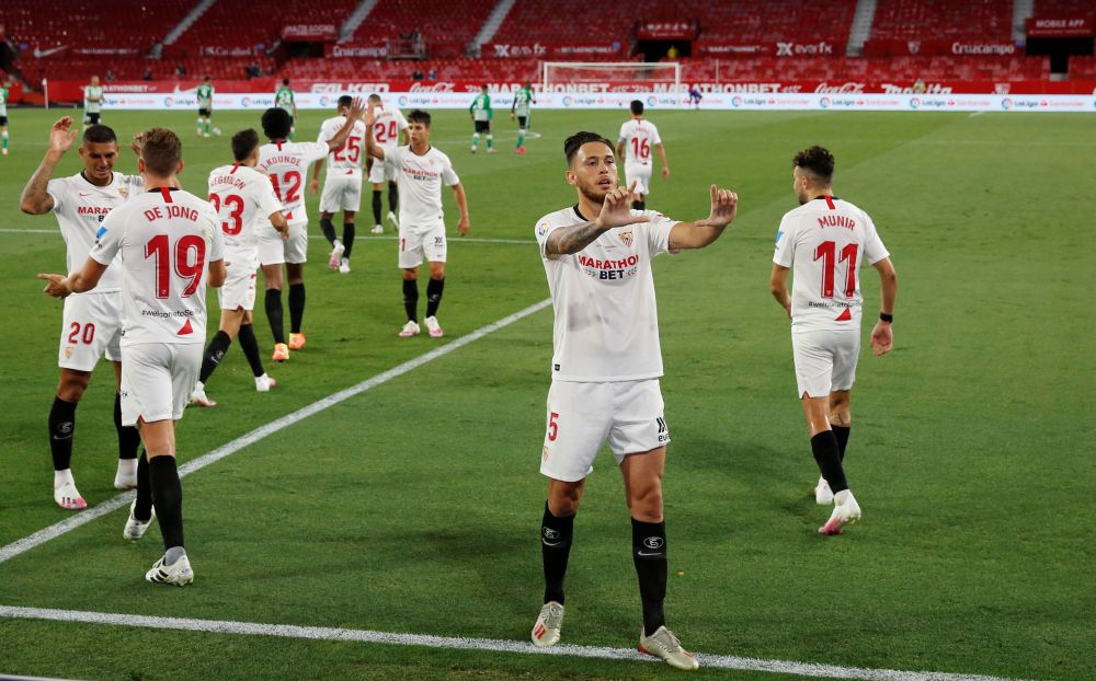 Sevilla's Lucas Ocampos celebrates scoring against Real Betis at the Ramon Sanchez Pizjuan in Seville June 11, 2020. u00e2u20acu201d Reuters picnn