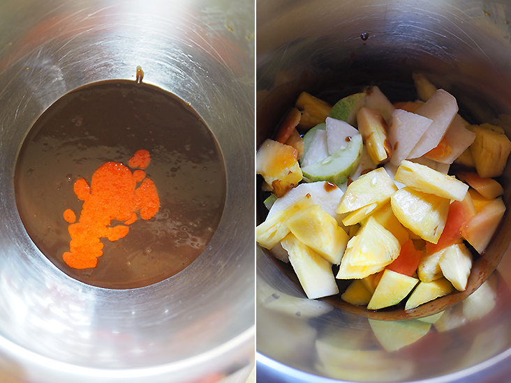 Follow the video on their Facebook page to see how to put the 'rojak' together (left). Toss the cut fruits and vegetables inside the bowl (right).