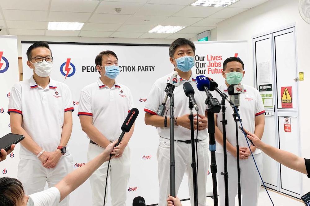The team fielded by the Peopleu00e2u20acu2122s Action Party in Sengkang Group Representation Constituency speaking to members of the media after losing to the Workersu00e2u20acu2122 Party. u00e2u20acu201d TODAY pic