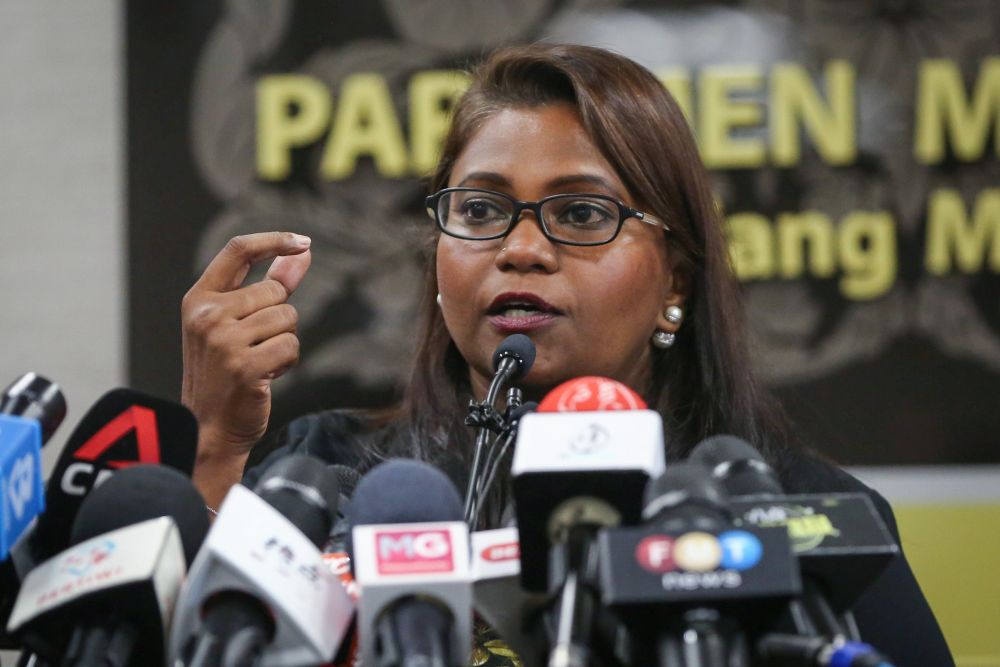 Batu Kawan MP Kasthuriraani Patto speaks during a press conference at Parliament in Kuala Lumpur July 14, 2020. u00e2u20acu201d Picture by Yusof Mat Isa