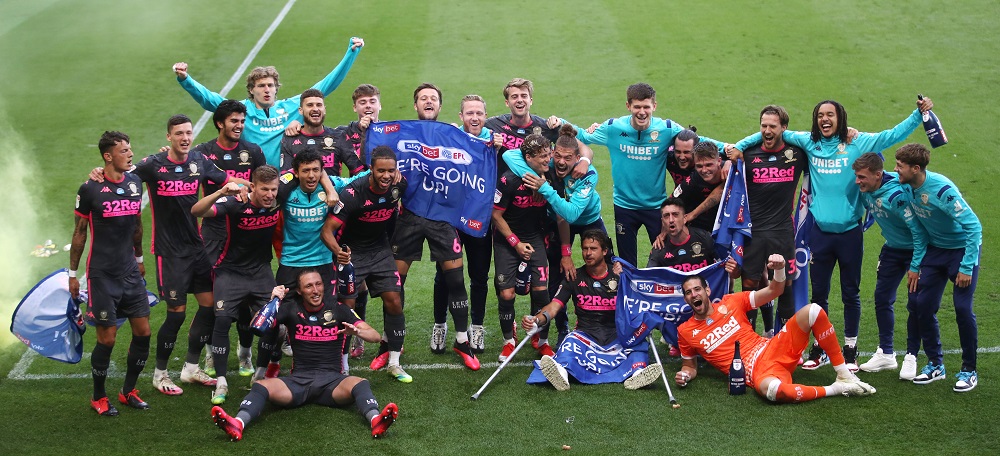 Leeds United celebrate winning the Championship after the match, as play resumes behind closed doors following the outbreak of the coronavirus disease, at Pride Park, Derby July 19, 2020. u00e2u20acu201d Action Images/Carl Recine via Reuters