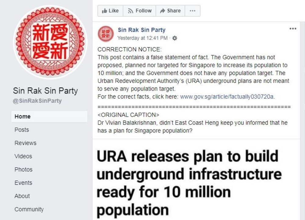 In a statement yesterday, the Pofma Office said the instruction to issue the correction directions was given by the alternate authority for the minister responsible for matters related to the National Population and Talent Division. u00e2u20acu201d TODAY pic