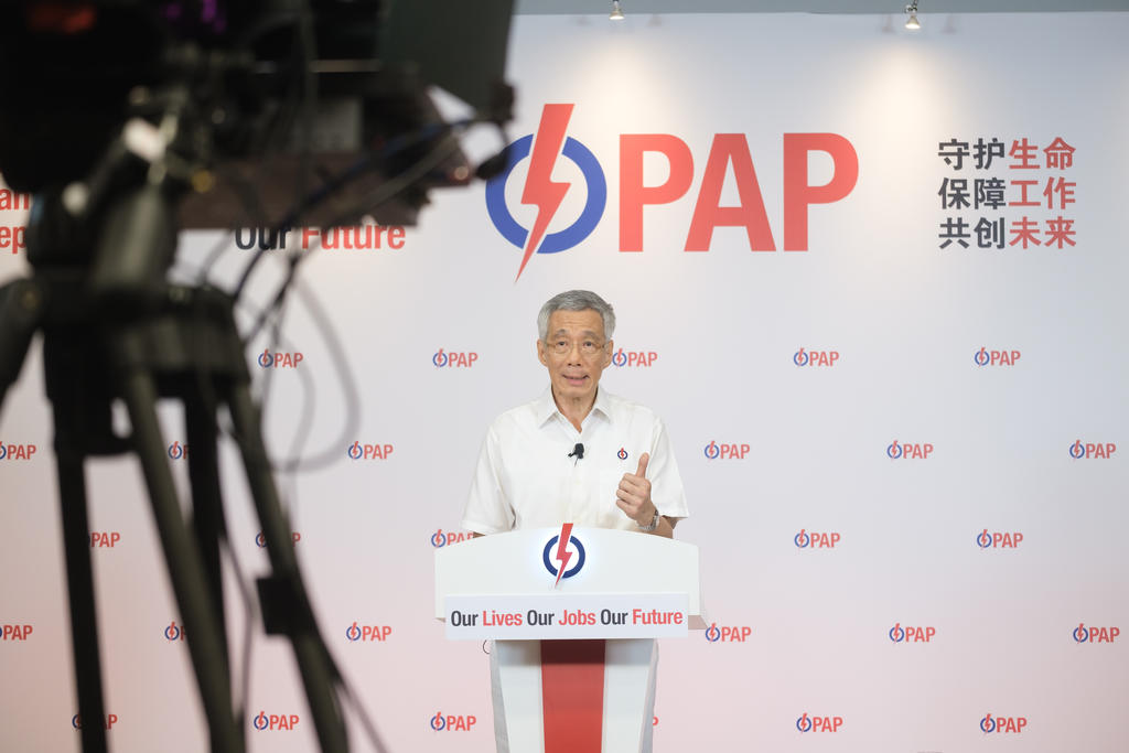 Speaking at a lunchtime 'Fullerton Rally' that was live-streamed via Facebook and YouTube on July 6, 2020 from the partyu00e2u20acu2122s New Upper Changi Road headquarters, Mr Lee Hsien Loong said that the Covid-19 situation here is stable. nu00e2u20acu201d PAP photo via TOD