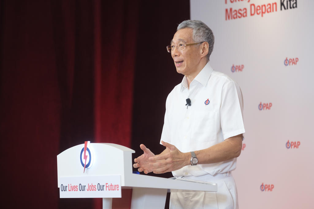 Peopleu00e2u20acu2122s Action Party secretary-general Lee Hsien Loong speaks during a lunchtime rally streamed via Facebook Live, July 6, 2020. u00e2u20acu201d PAP picture via TODAY