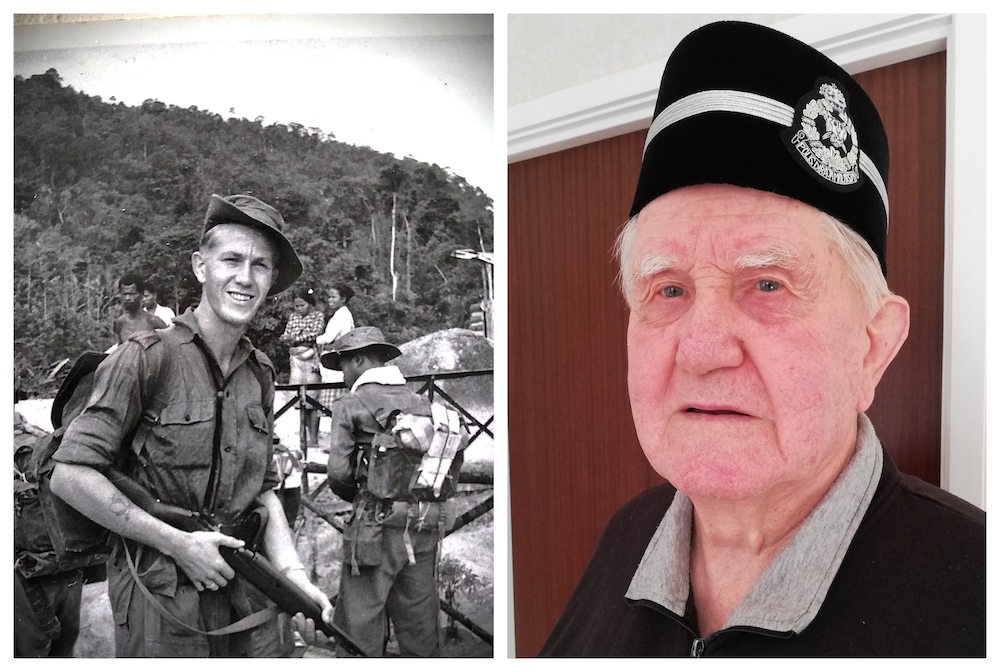Lt. Peter Julius and his men setting out on patrol, from Fort Telanok, Perak in July, 1957 (left) and Julius in present times sporting the Royal Malaysia Police songkok (right). u00e2u20acu201d Picture courtesy of Peter Julius/Charles Chan nn