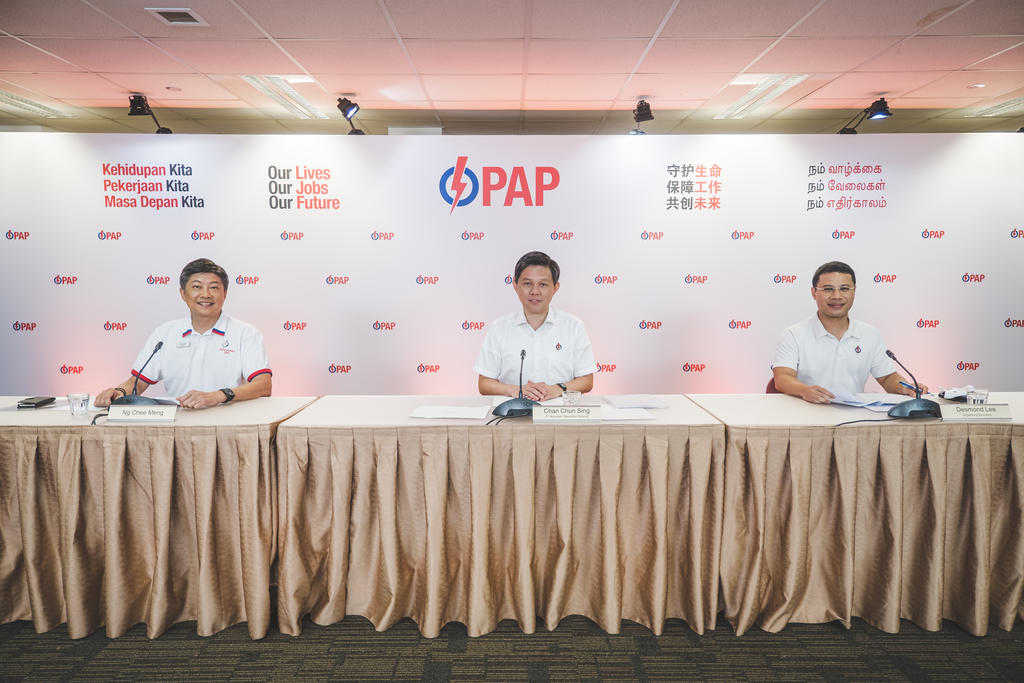 From left: Ng Chee Meng, Chan Chun Sing and Desmond Lee from the PAP during a virtual press conference, July 8, 2020. u00e2u20acu201d TODAY pic
