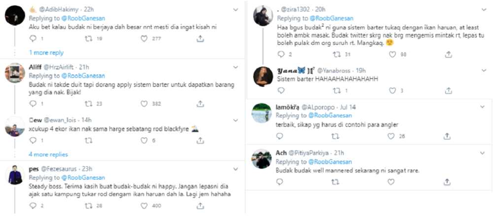 Social media users loved the fact that the kid thought of trading his fish for a new rod. — Screengrab via Twitter/@RoobGanesan