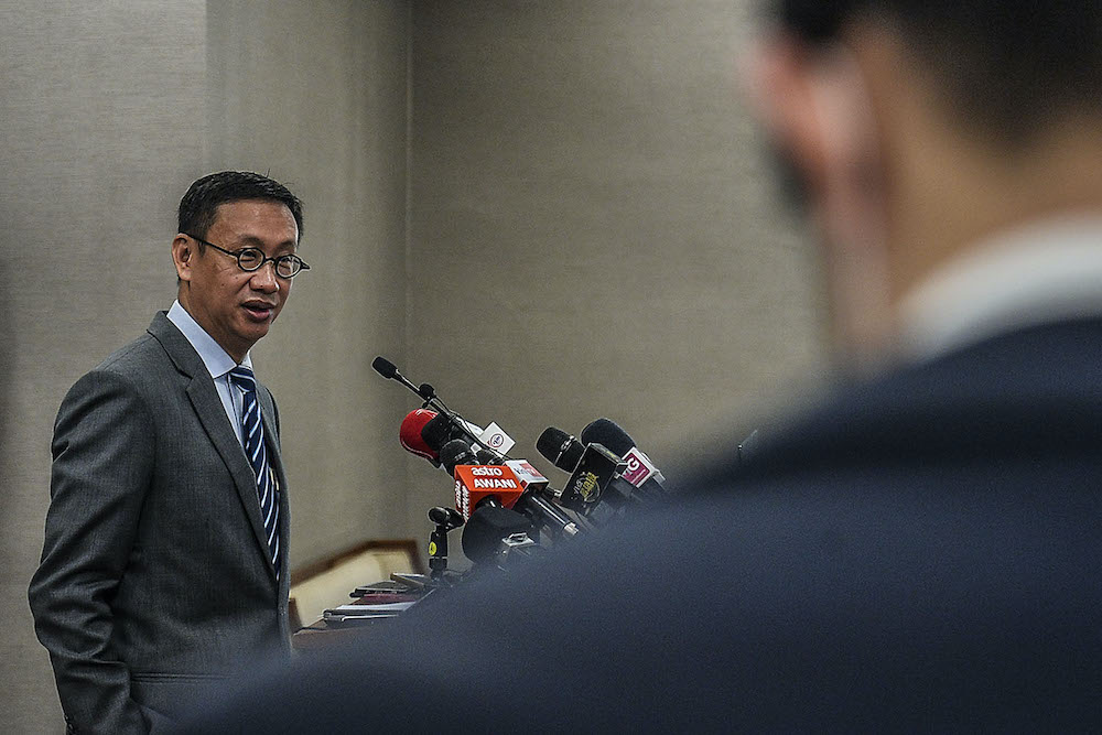 Subang MP Wong Chen speaks to the media at the second meeting for the Third Term of the Fourteenth Parliament 2020, July 27, 2020. u00e2u20acu201d Picture by Hari Anggara