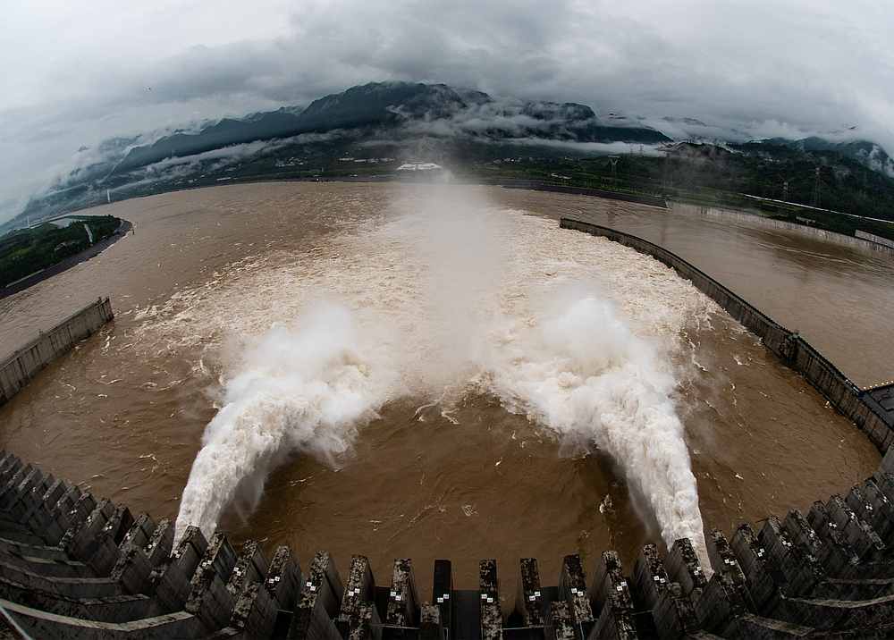 The Three Gorges Dam on the Yangtze River discharges water following heavy rainfall and floods in a few regions, in Yichang, Hubei province, China July 17, 2020. u00e2u20acu201d China Daily pic via Reuters