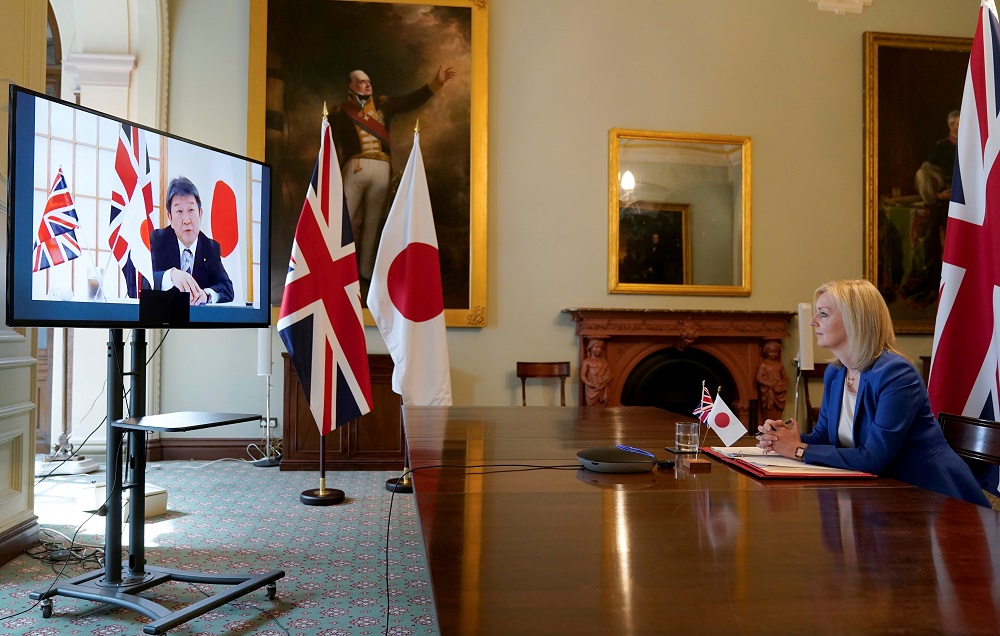 British trade minister Liz Truss attends a joint video conference with Japan's Minister for Foreign Affairs Toshimitsu Motegi at the Department for International Trade, in London June 9, 2020. u00e2u20acu2022 Handout via Reuters