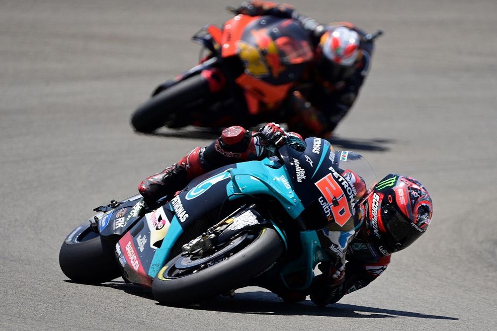 Petronas Yamaha SRTu00e2u20acu2122s French rider Fabio Quartararo (front) takes part in the MotoGP first qualifying session of the Andalucia Grand Prix at the Jerez race track in Jerez de la Frontera on July 25, 2020. u00e2u20acu201d AFP pic
