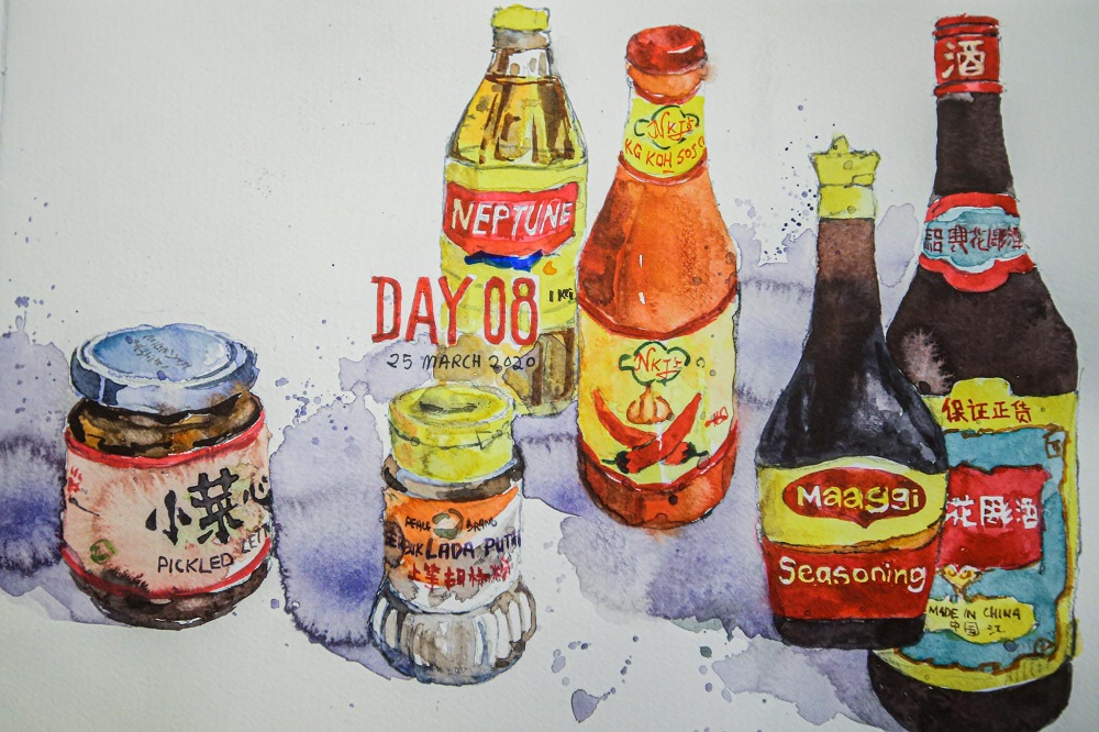 Liew Yong Kian showing his sketches of essential ingredients that he had used when cooking during the MCO. 