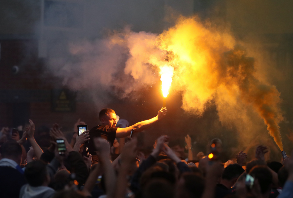 Leeds United fans celebrate promotion to the Premier League at Elland Road, Leeds on July 18, 2020. u00e2u20acu201d Reuters picnnn