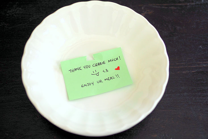 The service is warm and thoughtful with these adorable notes stuck on your food delivery