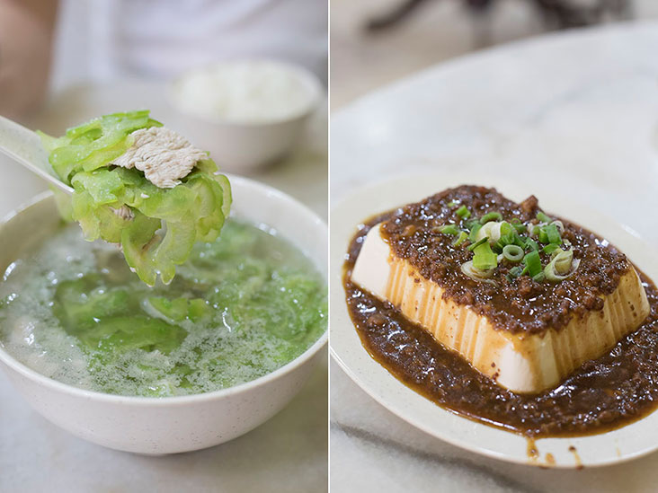 Refreshing bitter gourd soup (left) and  tofu with minced pork gravy (right)