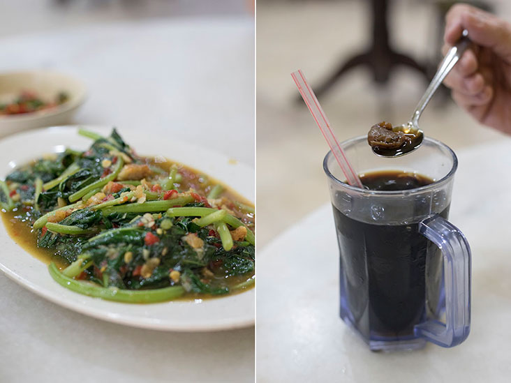 'Belacan' stir-fried sweet potato leaves (left) and winter melon longan drink (right)