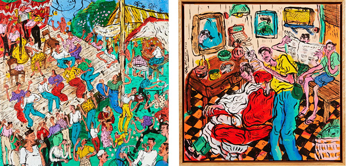 Artwork by Kide Baharudin: “Joget Kenduri Kahwin” (left) and “Jambul di Depan” (right)