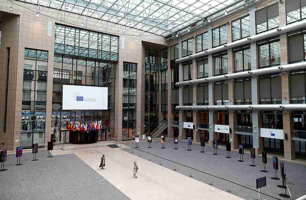 View of the empty journalists area in the atrium of the EU Council building during a European Union leaders summit amid the Covid-19 outbreak, in Brussels, Belgium July 17, 2020. u00e2u20acu201d Reuters pic