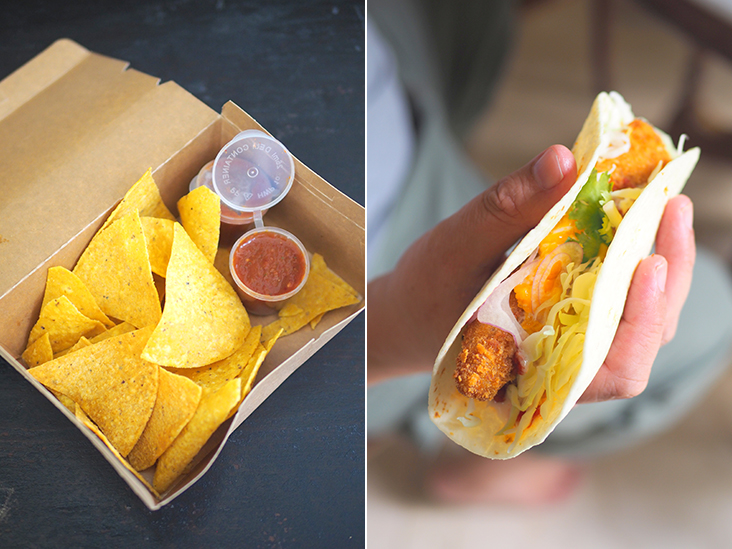 You won't be able to stop eating their tortilla chips with that spicy, addictive dip (left). The fish taco holds up best for delivery with its battered fish (right).
