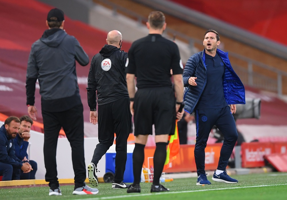 Liverpool manager Juergen Klopp and Chelsea manager Frank Lampard argue during the match at Anfield July 23, 2020. u00e2u20acu2022 Reuters pic
