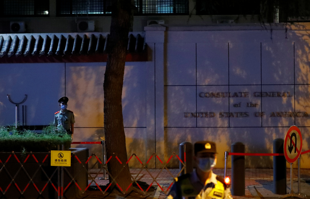 Police officers stand guard outside the US Consulate General in Chengdu, Sichuan province, China July 24, 2020. u00e2u20acu201d Reuters pic