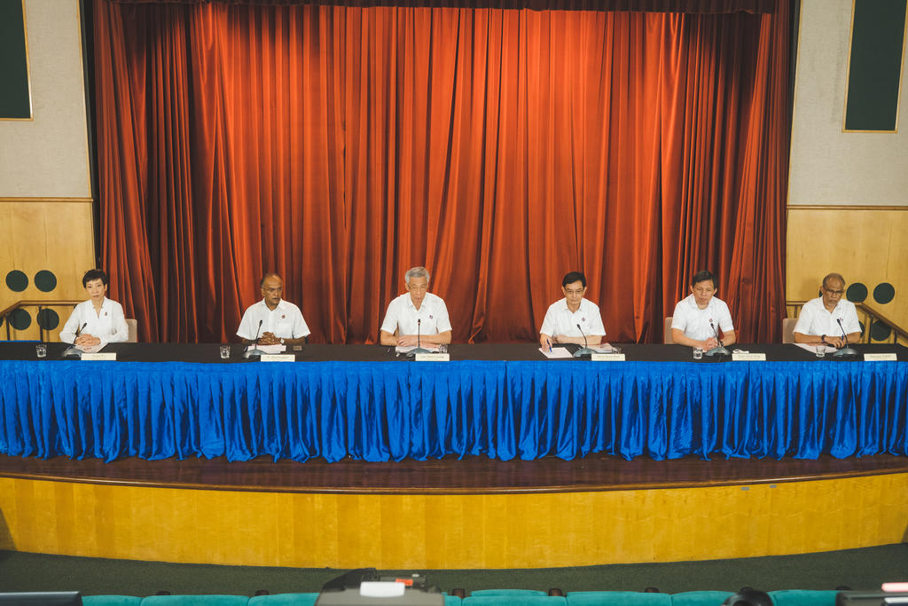 PM Lee at a virtual press conference in the early hours of Saturday (July 11) with other PAP leaders after the release of official results of the General Elections. u00e2u20acu201d Picture by PAP via TODAY
