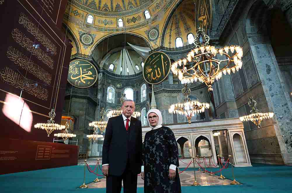 Turkey's President Tayyip Erdogan and his wife Emine Erdogan pose in the Hagia Sophia Grand Mosque in Istanbul, Turkey July 23, 2020. u00e2u20acu201d PPO handout via Reuters