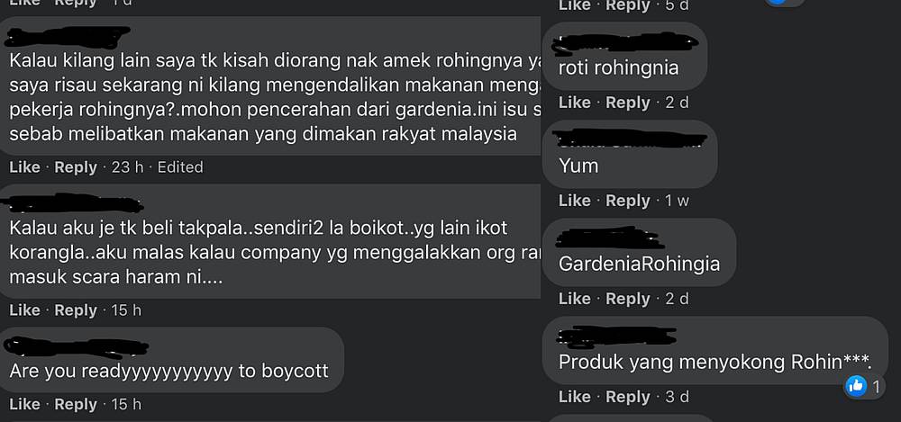 Malaysians began hurling derogatory comments on Gardenia’s Facebook page after the breadmaker was falsely accused of favouring refugees in its hiring policy. — Screengrab from Facebook/GardeniaKL