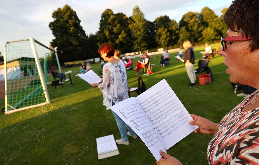 Members of the local choir 'Ton in Ton' (Note by Note) sing during the weekly rehearsal under restrictions due to the Covid-19 outbreak in Hanau near Frankfurt, Germany, July 27, 2020. u00e2u20acu201d Reuters pic 