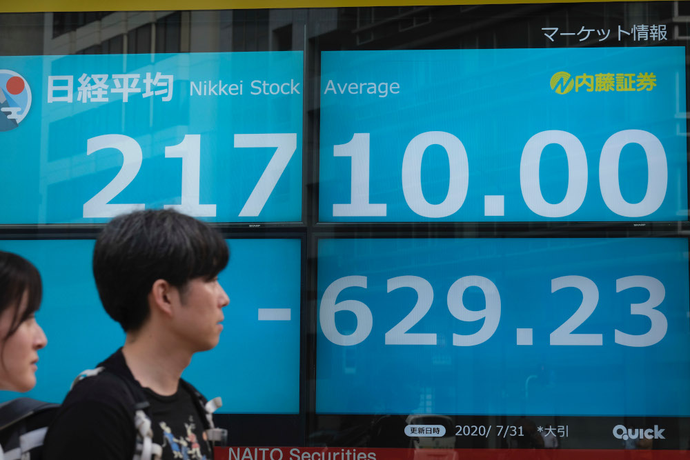 Pedestrians walk in front of an electronic quotation board displaying share prices from the Tokyo Stock Exchange in Tokyo July 31, 2020. u00e2u20acu201d AFP pic 