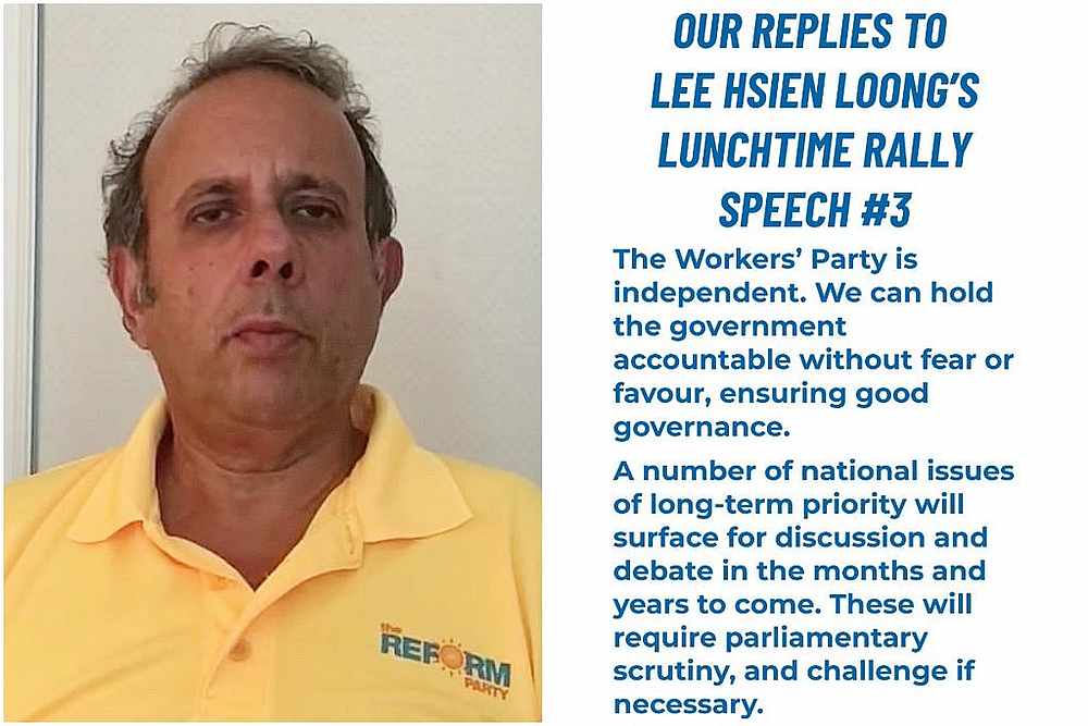 A video image of Reform Party chief Kenneth Jeyaretnam (left) and replies from the Workers' Party were posted on social media in response to Lee Hsien Loong's speech July 6, 2020. u00e2u20acu201d Images via TODAY