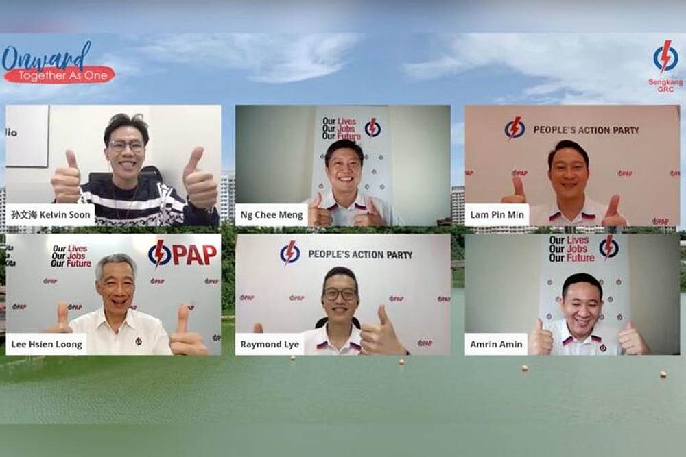 Lee Hsien Loong (bottom right) with the People's Action Party Sengkang GRC team and the event host Kelvin Soon an e-rally in Singapore. u00e2u20acu201d TODAY pic