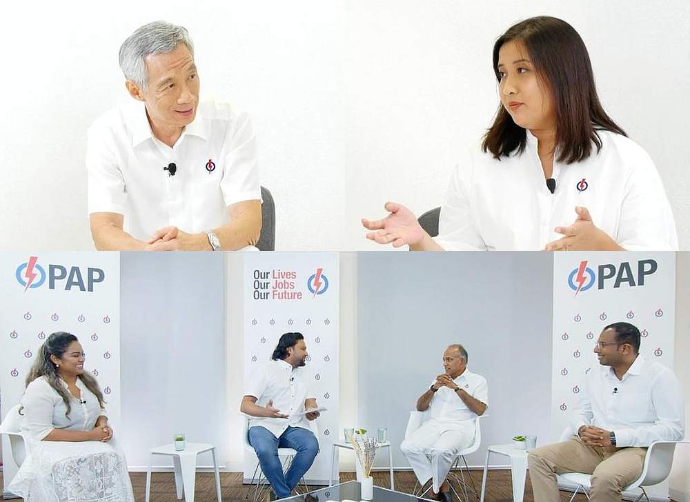 Lee Hsien Loong (top left) and Nadia Ahmad Samdin (top right) at an e-rally on July 8, 2020. K. Shanmugam (2nd right, bottom) at a Tamil e-rally. u00e2u20acu201d People's Action Party/Facebook images via TODAY