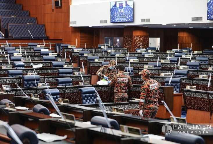 Hazardous Materials Unit (Hazmat) of the Kuala Lumpur Fire and Rescue Department conducts a sanitation operation at the Parliament building in Kuala Lumpur July 12, 2020. — Picture via Facebook/Parlimen Malaysia