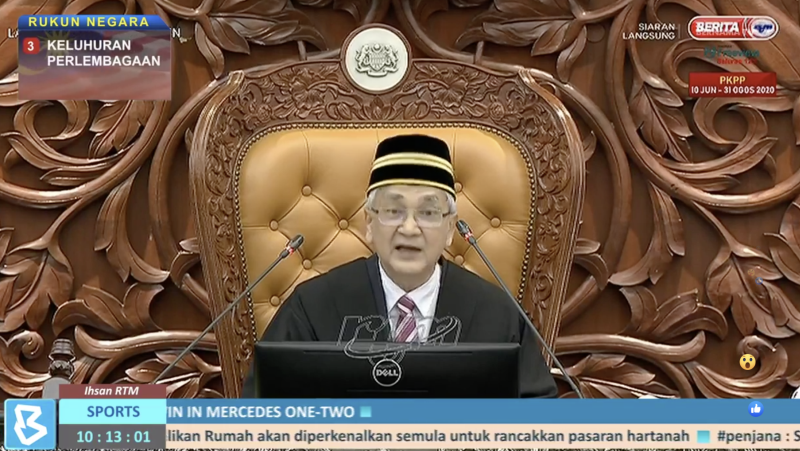 Speaker Tan Sri Mohamad Ariff Md Yusof presides over the House as the Dewan Rakyat sitting got underway this morning. u00e2u20acu201d Twitter screencap