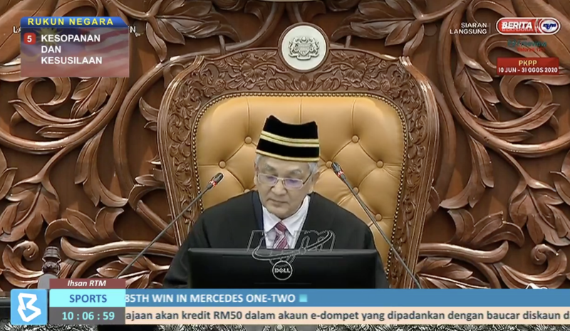 Speaker Tan Sri Mohamad Ariff Md Yusof presides over the House as the Dewan Rakyat sitting got underway this morning. u00e2u20acu201d Twitter screencap