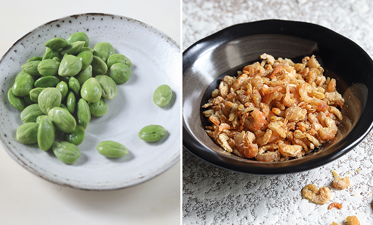 'Petai': love it or loathe it (left). Dried shrimps need to be rehydrated before cooking (right).