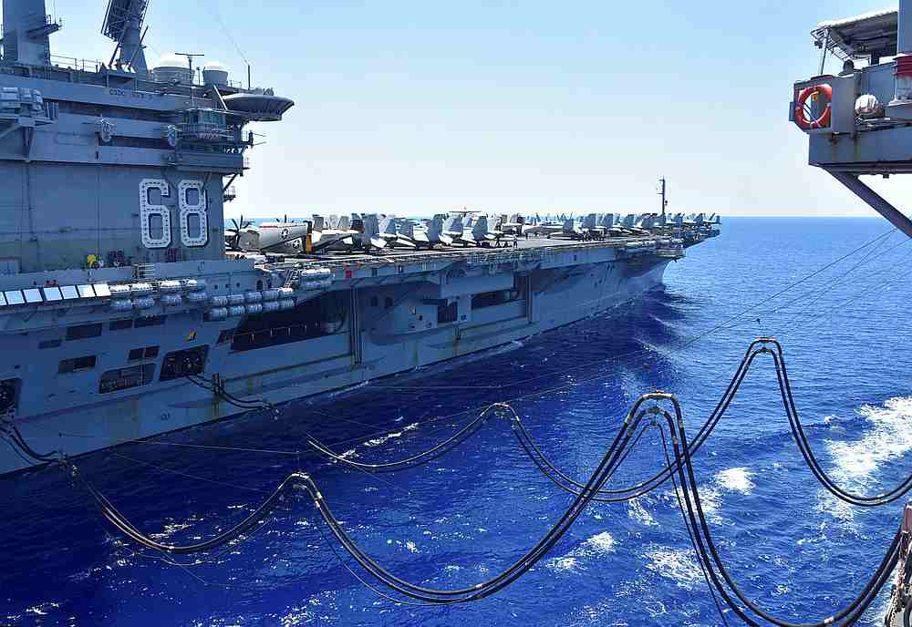 The US Navy aircraft carrier USS Nimitz receives fuel from the Henry J. Kaiser-class fleet replenishment oiler USNS Tippecanoe in the South China Sea July 7, 2020. u00e2u20acu201d US Navy handout via Reuters