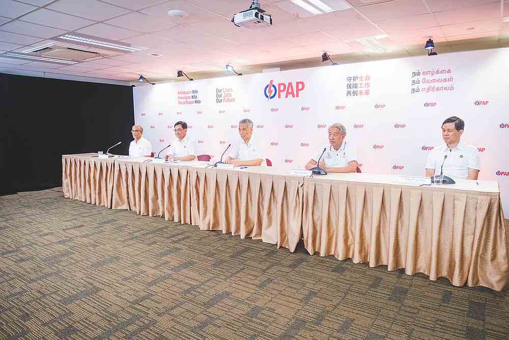 From left: Masagos Zulkifli, Heng Swee Keat, Lee Hsien Loong, Teo Chee Hean and Chan Chun Sing at a virtual People's Action Party press conference June 30, 2020. u00e2u20acu201d PAP pic via TODAY