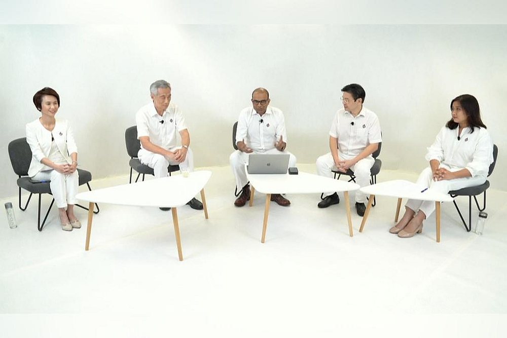 Lee Hsien Loong (2nd left) rounds up the PAPu00e2u20acu2122s election campaign in a Facebook Live webcast together with PAP candidates Janil Puthucheary, Lawrence Wong, Low Yen Ling and Nadia Samdin. u00e2u20acu201d Video screengrab via TODAY