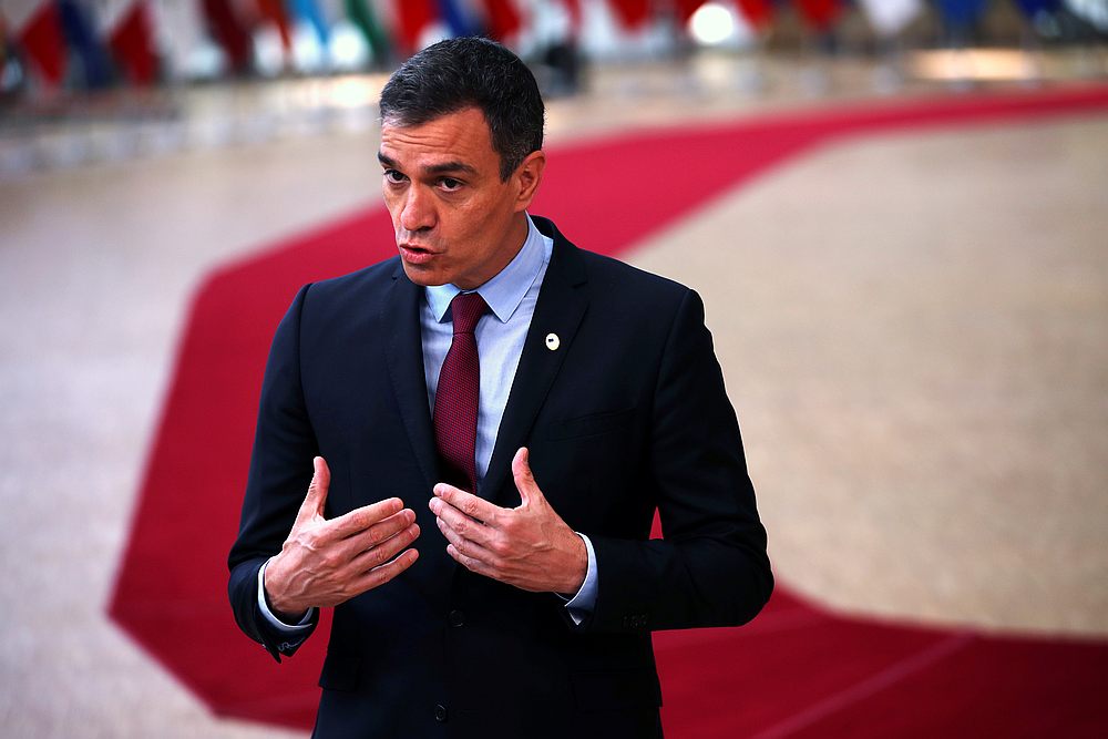 Spanish Prime Minister Pedro Sanchez delivers a statement as he arrives for a meeting of the first face-to-face EU summit since the Covid-19 outbreak, in Brussels, Belgium July 20, 2020. u00e2u20acu201d Pool pic via Reuters