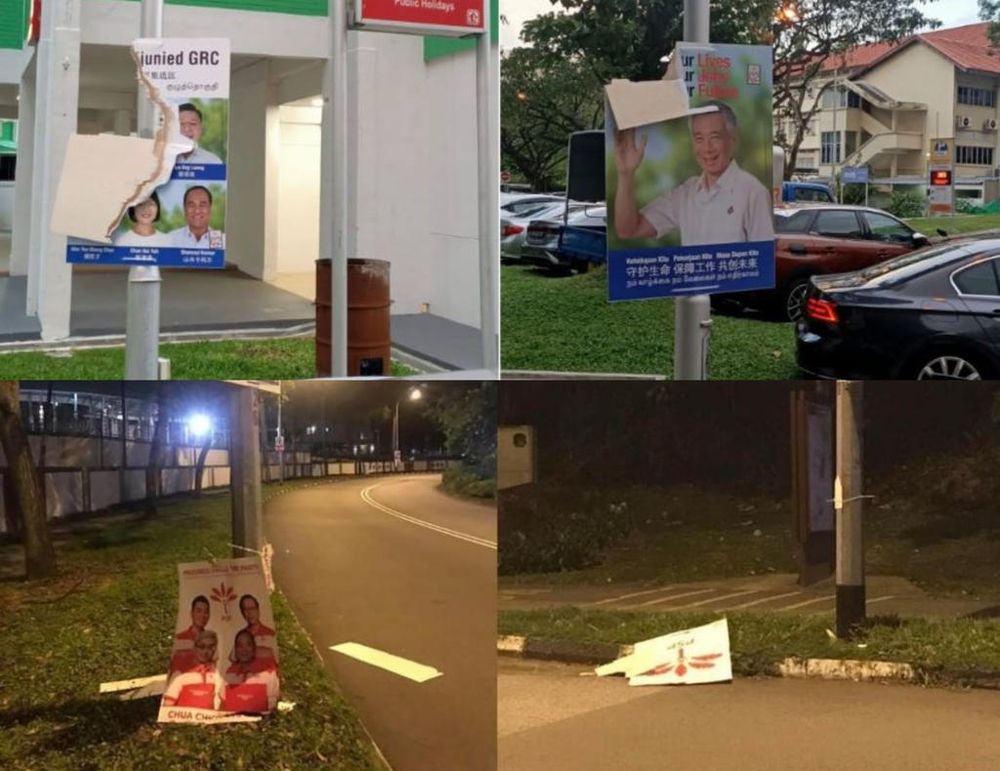 Singapore police are investigating separate cases of damage to election posters. u00e2u20acu201d Social media picture via TODAY