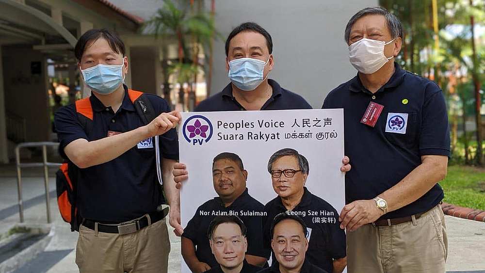 Peoples Voice candidates (from left) Michael Fang Amin, Lim Tean and Leong Sze Hian on Nomination Day in Singapore June 30, 2020. u00e2u20acu201d TODAY pic