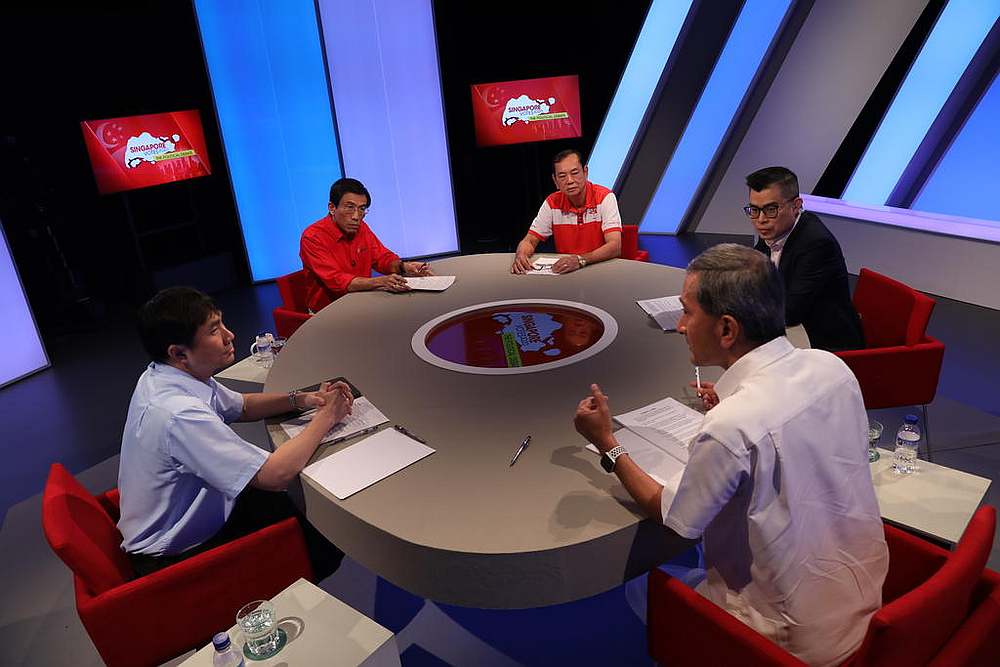 Clockwise from right: Vivian Balakrishnan, Jamus Lim, Chee Soon Juan, Francis Yuen and moderator Jaime Ho from Mediacorp in a live televised political debate July 1, 2020. Screenshot from Mediacorp TV via TODAY