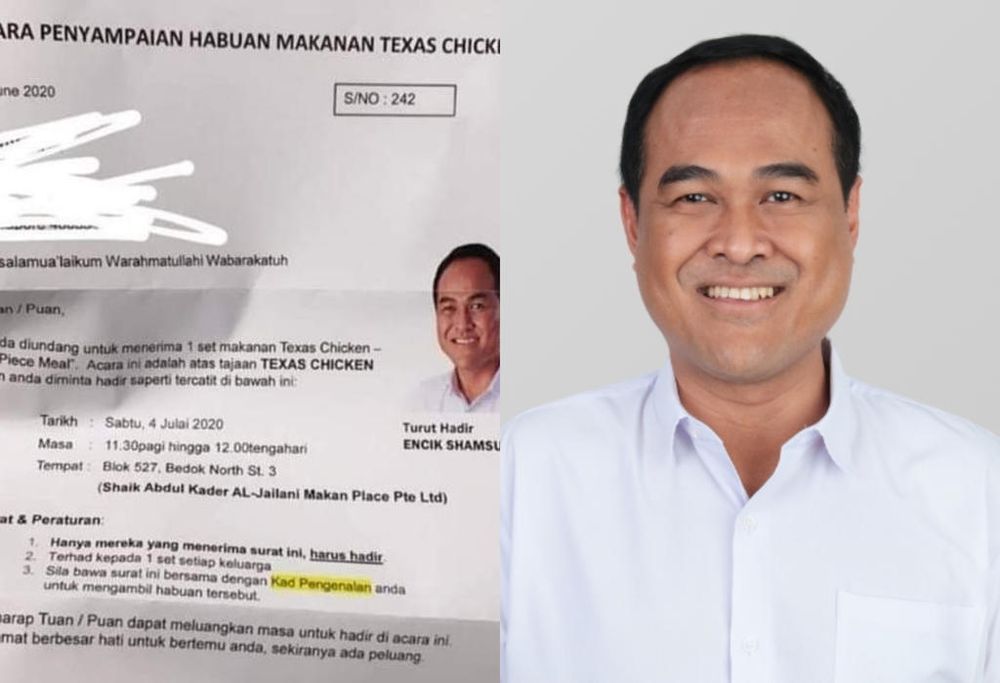 The photo being circulated on social media (left) of a letter, signed by Shamsul Kamar, inviting Kaki Bukit residents to a food distribution event at Block 527 Bedok North Street 3. u00e2u20acu201d Social media and PAP via TODAY