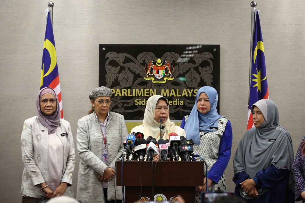 Housing and Local Government Minister Zuraida Kamaruddin (centre) speaks during a press conference at Parliament in Kuala Lumpur July 14, 2020. u00e2u20acu201d Picture by Yusof Mat Isa