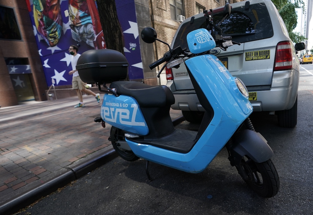 In this file photo a Revel ridesharing moped is seen parked in midtown New York City July 28, 2020. u00e2u20acu201d AFP pic